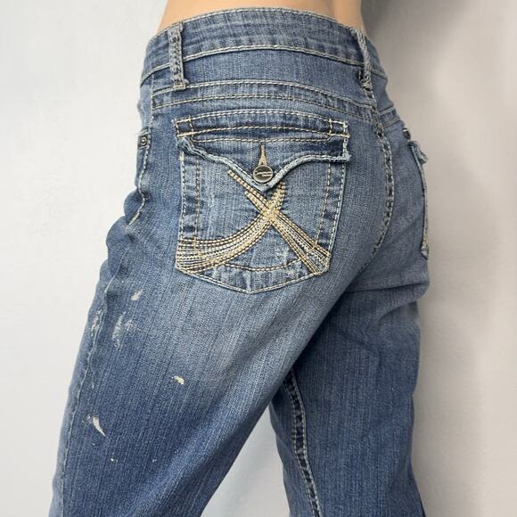 Y2K 00s Paint Splatter Straight Leg Mid Rise Jeans Flap Pockets Size 10 - Picture 1 of 9